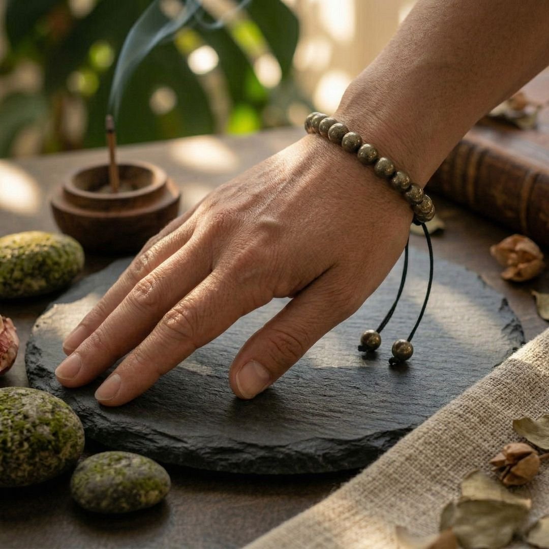 Money Magnet pyrite bracelet held in hand showing gunmetal grey beads